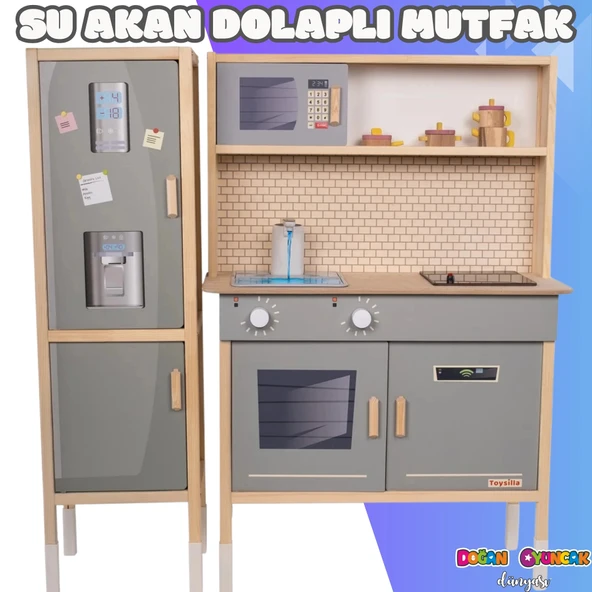 Dolaplı Musluktan Su Akan Işıklı Ahşap Mutfak - Ahşap Çocuk Mutfağı ve Buzdolabı - Ledli Mutfak Seti Buzdolaplı Su Akıta ürün görseli 1