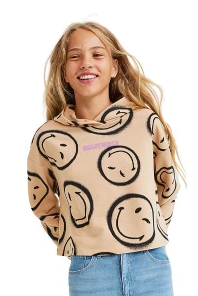Smile Kapüşonlu Kız Çocuk Sweatshirt - Resim 3