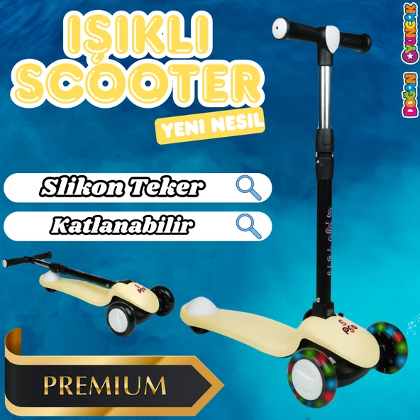 Lupa Katlanabilir Işıklı 3 Tekerlekli Sarı Scooter - Işıklı Scooter - Slikon Teker Scooter - Çocuk Scooter - İttir Git ürün görseli 1
