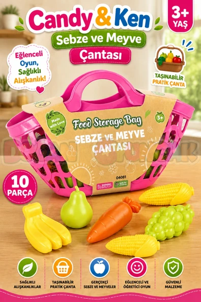 Sebze ve Meyve Çantası Pembe - Meyve Sebze Sepeti - Piknik Sepeti Oyuncak Meyveler - Oyuncak Sebzeler - Mutfak Oyuncakla ürün görseli 1