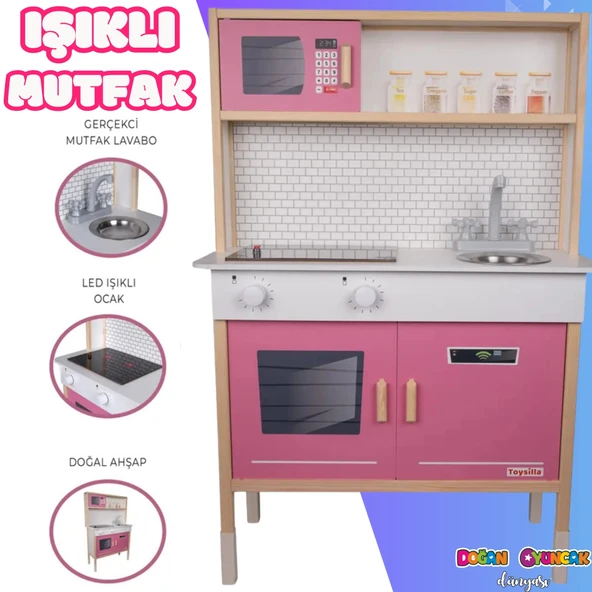 Delüx Işıklı Hamarat Ahşap Mutfak - Ahşap Çocuk Mutfağı - Mutfak Seti - Kapaklı Mutfak - Pembe ürün görseli 1
