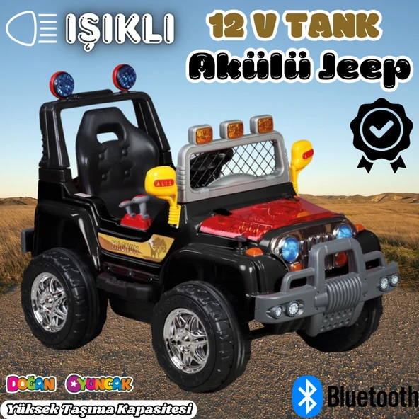 Işıklı Mega Akülü Araba Siyah - 12 Volt Tek Kişilik Akülü Araba Akülü JEEP - Mega Off Road Turbo Jeep ürün görseli 1
