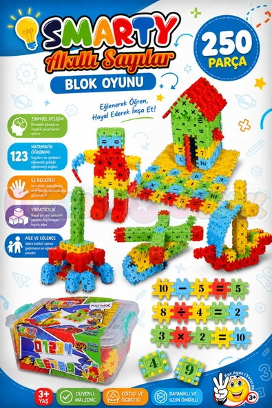 Smarty - Akıllı Sayılar Blok Oyunu 250 Parça - Oyuncak Lego Seti - Birbirine Geçmeli STEM Lego Seti - Eğitici Oyuncak ürün görseli 1