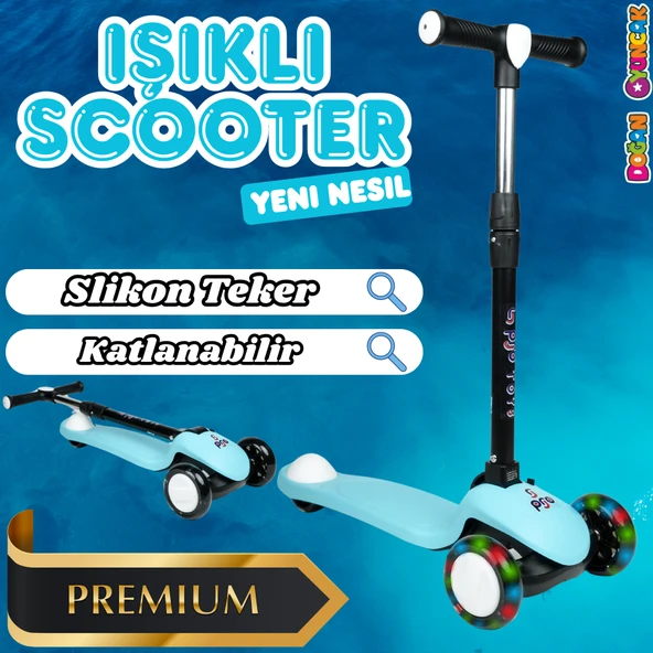 Lupa Katlanabilir Işıklı 3 Tekerlekli Turkuaz Scooter - Işıklı Scooter - Slikon Teker Scooter - Çocuk Scooter - İttir Gi ürün görseli 1