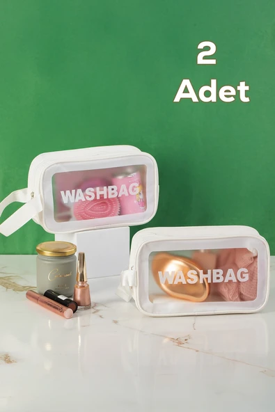 Porsima 3140-1 2li Şeffaf - Beyaz Seyahat ve Makyaj Çantası Su Geçirmez Organizer Washbag 21x13cm ürün görseli 1