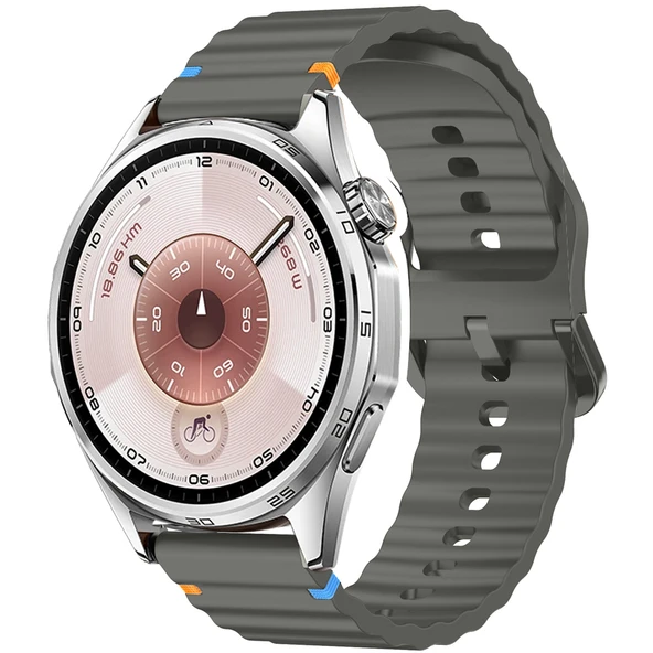 Huawei Watch GT6 46mm İle Uyumlu Dalga Desenli Tokalı Yumusaş Soft Silikon Kordon  Koyu Gri ürün görseli 1
