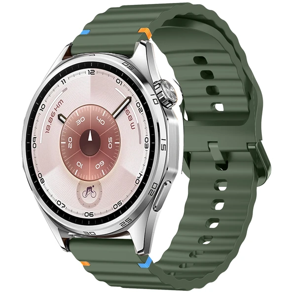 Huawei Watch GT6 46mm İle Uyumlu Dalga Desenli Tokalı Yumusaş Soft Silikon Kordon  Haki ürün görseli 1