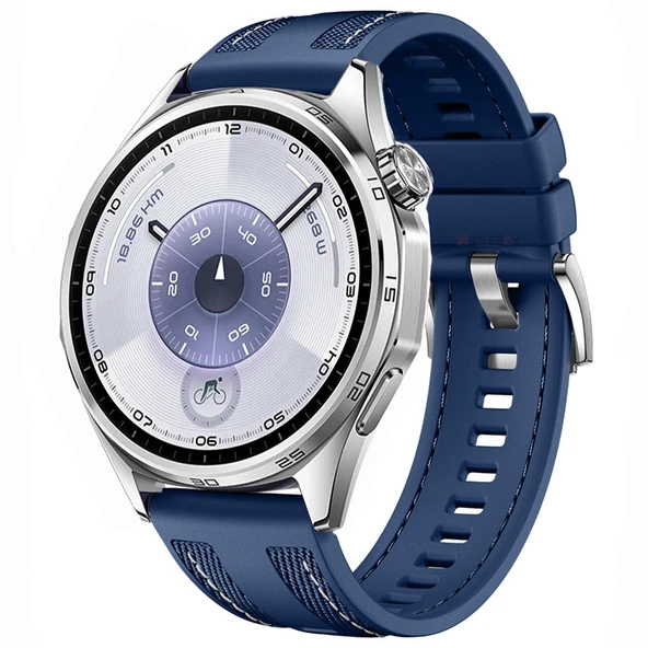 Sneezy Huawei Watch GT6 46mm ile Uyumlu Metal Tokalı Dikiş Detaylı Şık Dokuma Silikon Kordon  Lacivert ürün görseli 1