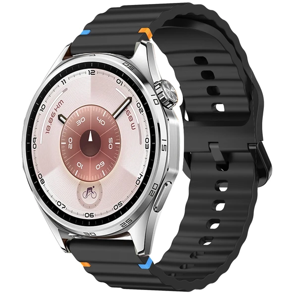 Huawei Watch GT6 46mm İle Uyumlu Dalga Desenli Tokalı Yumusaş Soft Silikon Kordon  Siyah ürün görseli 1