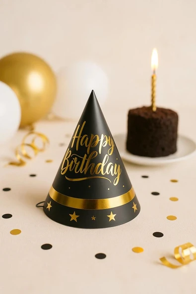 Happy Bırthday Gold Yıldız Baskılı Karton Şapka 20 cm ürün görseli 1