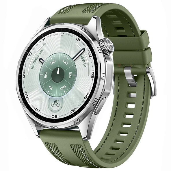 Sneezy Huawei Watch GT6 46mm ile Uyumlu Metal Tokalı Dikiş Detaylı Şık Dokuma Silikon Kordon  Haki ürün görseli 1
