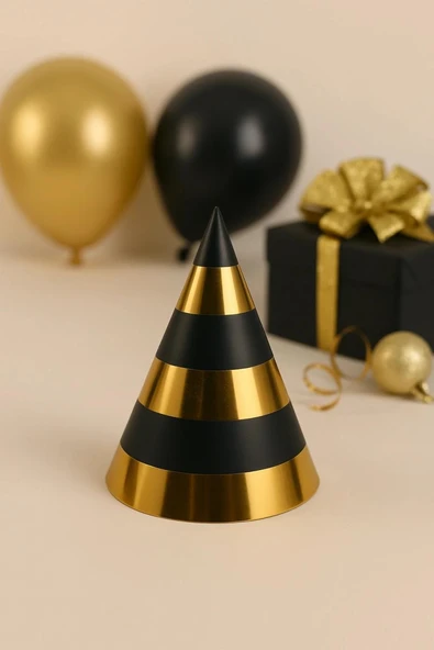 Siyah Üzerine Gold Çizgili Karton Şapka 20 cm ürün görseli 1