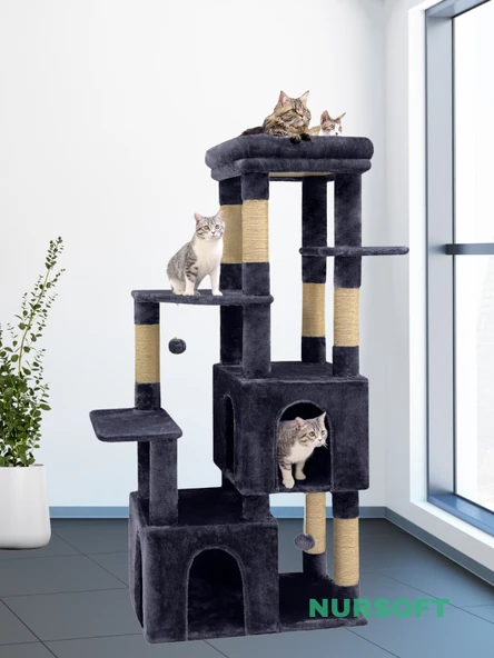 Çok Katlı Ponponlu Tırmalamalı Teraslı Lüx Kedi Oyun Evi Nursoft-0108 ürün görseli 1