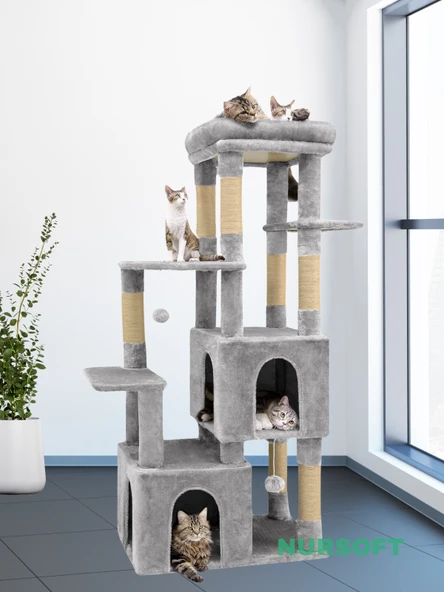 Çok Katlı Ponponlu Tırmalamalı Teraslı Lüx Kedi Oyun Evi Nursoft-0108 ürün görseli 1