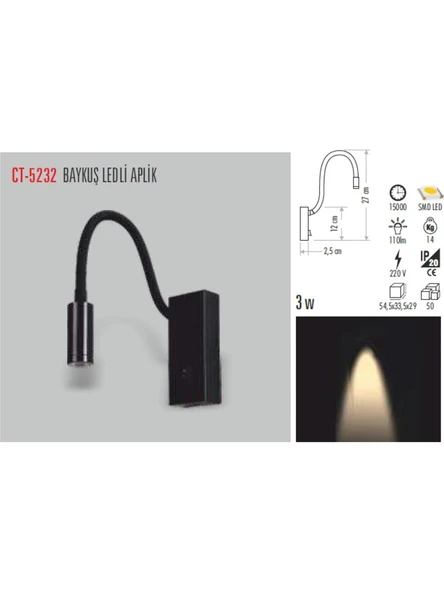 Cata CT 5232 Baykuş LED Aplik Siyah Kasa ürün görseli 1