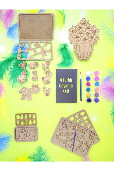 sharp&art Ev-Okul Etkinliği Ahşap Puzzle 4'lü Boyama Seti, 12 Renk Boya ve Fırça ile... ürün görseli 1