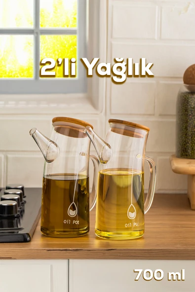 Porsima 2093 Bambu Kapaklı Vakumlu Borosilikat Cam 2li Yağdanlık Yağlık Sirkelik Seti 700ml ürün görseli 1