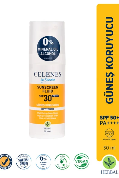 Celenes by Sweden Herbal SPF30 Fluid Dry Touch Güneş Kremi – Mat Bitişli, Bitkisel Formül, Yüz ve Dekolte Bölgesi İçin, 50 ml ürün görseli 1