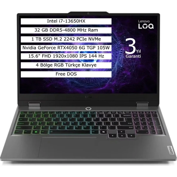 Loq 15IRX9 Intel Core I7 13650HX 32GB 1tb SSD 6gb RTX4050 Freedos 15.6" Fhd Taşınabilir Bilgisayar 83DV00WRTR ürün görseli 1