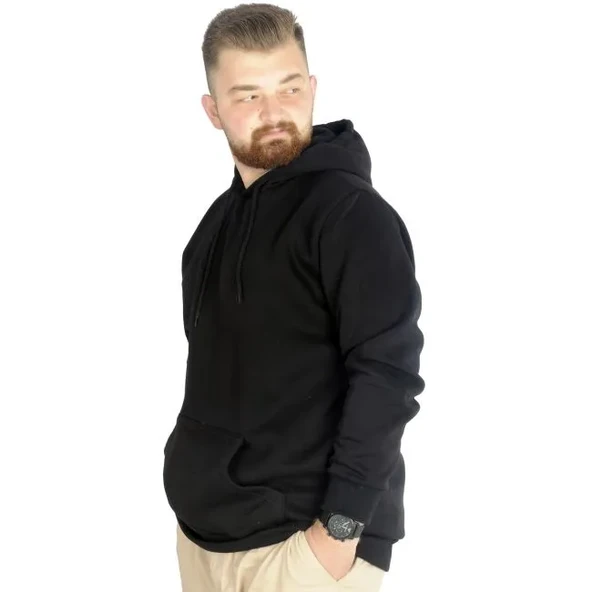 Erkek Sweatshirt Kapşonlu Kanguru Pocket Basic  20562 Siyah - Resim 3