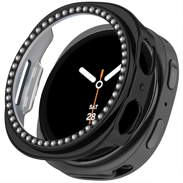 Samsung Galaxy Watch 8 40mm İle Uyumlu Zarif Kristal Taşlı Kasa Koruyucu Kılıf  Siyah ürün görseli 1