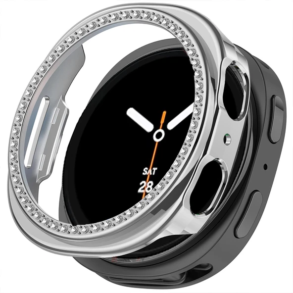 Samsung Galaxy Watch 8 40mm İle Uyumlu Zarif Kristal Taşlı Kasa Koruyucu Kılıf  Gümüş ürün görseli 1