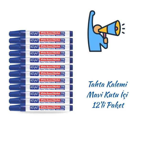 Kraf Beyaz Tahta Kalemi Doldurulabilir 770 Mavi 12 Adet ürün görseli 1