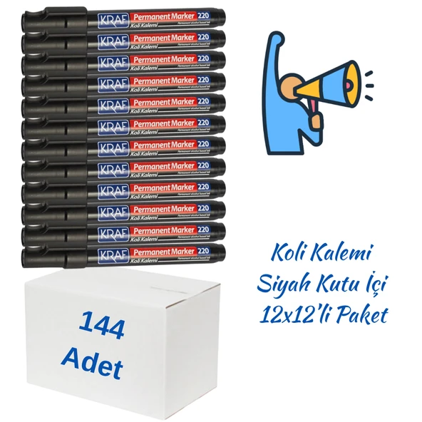 Kraf Permanent Markör Yuvarlak Uc 220 Siyah Koli Kalemi 144 Adet ürün görseli 1