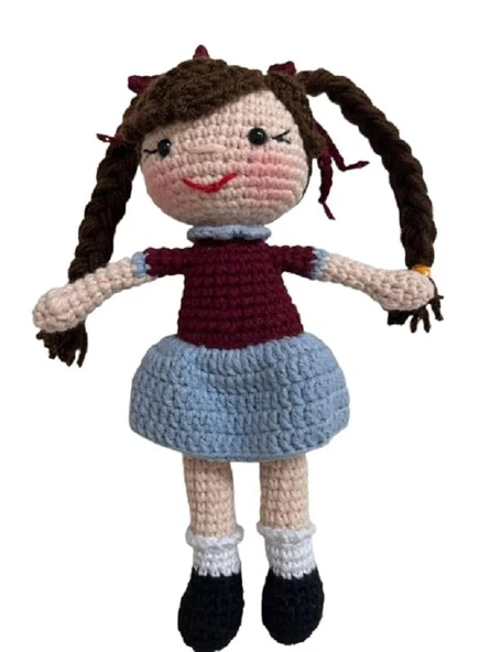Bordo Mavi Öğrenci Kız Bebek Amigurumi Organik Anahtarlık Oyuncak ürün görseli 1