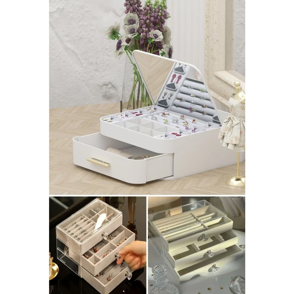 Piev House By House Çekmeceli Aynalı ve Üç Katlı Çekmeceli Takı Kozmetik Organizer İkili Set ürün görseli 1