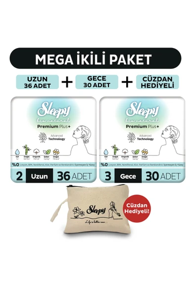 Sleepy Bio Natural Premium Plus Hijyenik Ped Mega Paket Uzun 36 Adet+Gece 30 Adet+Cüzdan Hediyeli ürün görseli 1