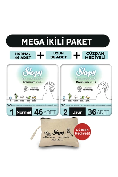 Sleepy Bio Natural Premium Plus Hijyenik Ped Mega Paket Normal 46 Adet+Uzun 36 Adet+Cüzdan Hediyeli ürün görseli 1