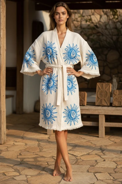 Varol Organik %100 Pamuk Kimono Yaka Sabahlık Bornoz - Heliona v2 ürün görseli 1