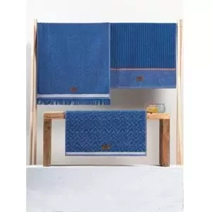 Cotton Box 3'lü Jakarlı Havlu Seti Çantalı (50x90)-Denim Mavi ürün görseli 1