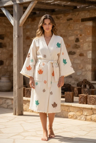 Varol Organik %100 Pamuk Kimono Yaka Sabahlık Bornoz - Sonbahar ürün görseli 1
