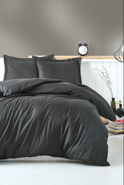 Cotton Box Elegant Stripe Çift Kişilik Nevresim Takımı Saten Antrasit ürün görseli 1