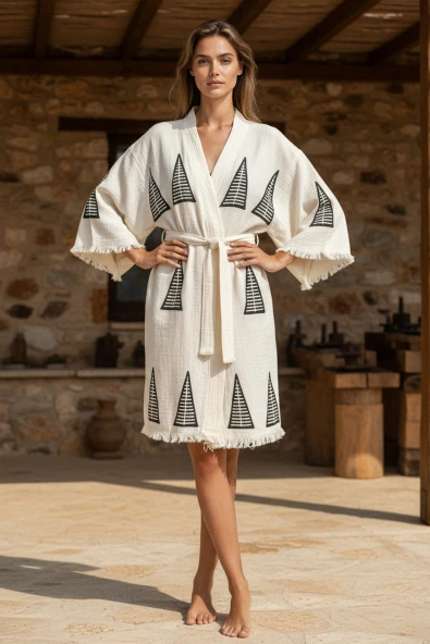 Varol Organik %100 Pamuk Kimono Yaka Sabahlık Bornoz - Piramit ürün görseli 1