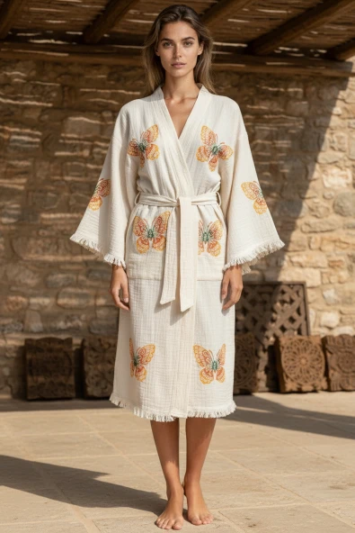 Varol Organik %100 Pamuk Kimono Yaka Sabahlık Bornoz - Kelebek ürün görseli 1