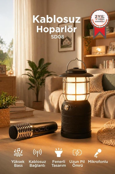 Bluetooth Hoparlör Mikrofonlu Nostaljik Fener Tasarımlı Speaker SD08 Siyah ürün görseli 1