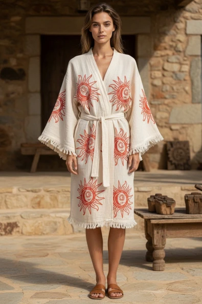 Varol Organik %100 Pamuk Kimono Yaka Sabahlık Bornoz - Heliona v1 ürün görseli 1