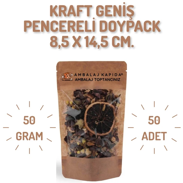 8,5x14,5 cm. Kraft Geniş Pencereli Doypack - 50 Adet ürün görseli 1