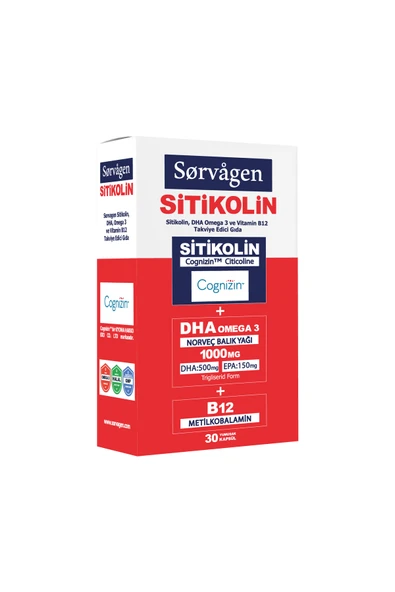 SORVAGEN 30 Kapsül ( Sitikolin Dha Omega 3 Ve B12 içeren Takviye Edici Gıda ) ürün görseli 1