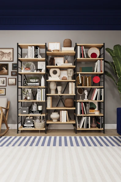 Modern 18 Raflı Metal Kitaplık Üçlü Ayrılabilir Modül Dekoratif Çok Amaçlı Kitaplık METALK03   Safir Meşe ürün görseli 1