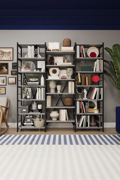 Modern 18 Raflı Metal Kitaplık Üçlü Ayrılabilir Modül Dekoratif Çok Amaçlı Kitaplık METALK03   Kül Gri ürün görseli 1