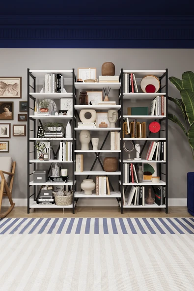 Modern 18 Raflı Metal Kitaplık Üçlü Ayrılabilir Modül Dekoratif Çok Amaçlı Kitaplık METALK03   Beyaz ürün görseli 1