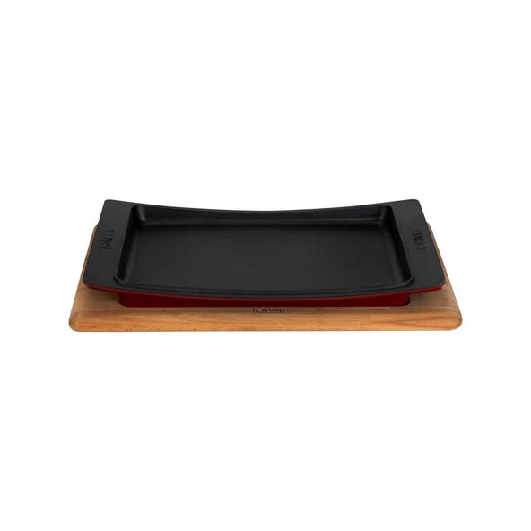 Lava Döküm Dikdörtgen Servis Tabağı ve Kayın Servis Ahşabı. Ölçü 36x24cm.-Bordo ürün görseli 1