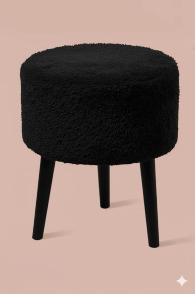 3 Ayaklı Mini Puf - Siyah Teddy Peluş Kumaşlı Mini Tabure ürün görseli 1