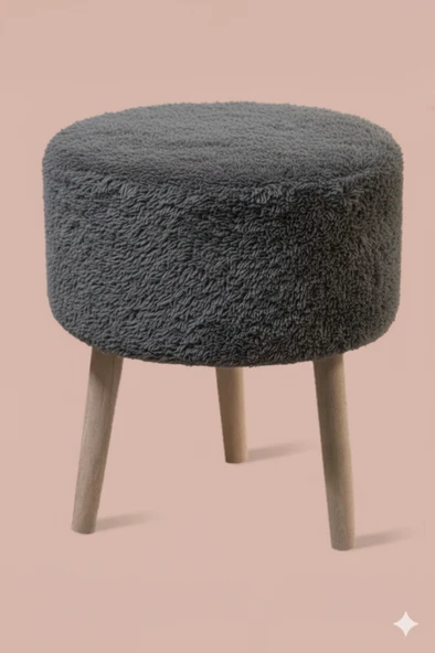 3 Ayaklı Mini Puf - Antrasit Teddy Peluş Kumaşlı Mini Tabure ürün görseli 1