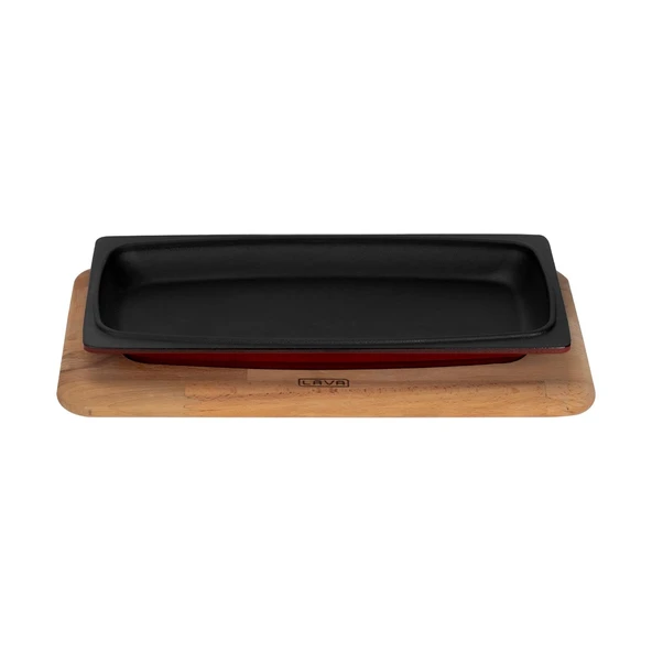 Lava Döküm Dikdörtgen Servis Tabağı ve Kayın Servis Ahşabı. Ölçü 30x15cm.-Bordo ürün görseli 1