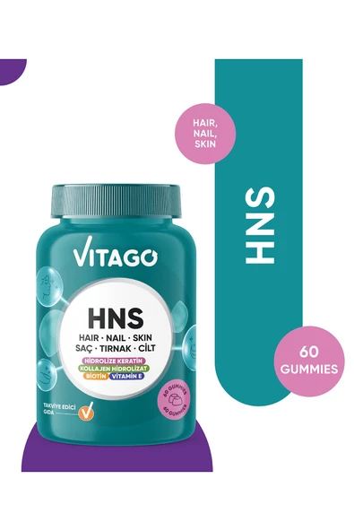 VİTAGO HNS Hair Nail Skin Biotin, Folik Asit Vitamin E ve Hidrolize Keratin İçeren 60 AdÇiğnenebilirGummies ürün görseli 1